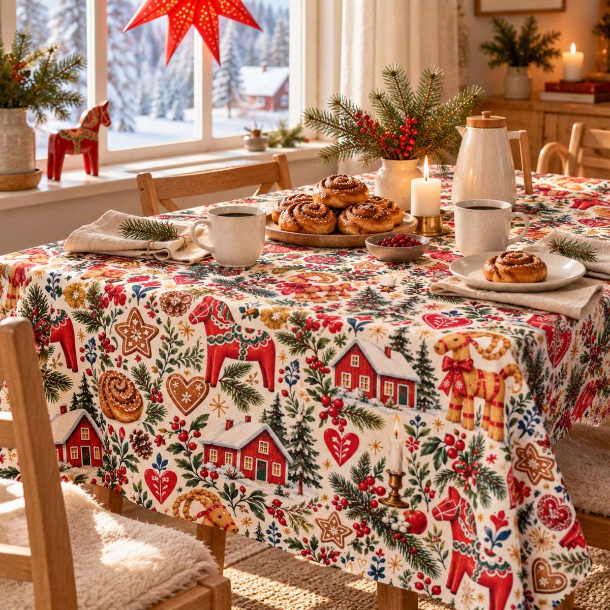 Hej Hemma Swedish Christmas Pattern Tablecloth with Dala horses, julbock, red cottages and Scandinavian Christmas illustrations