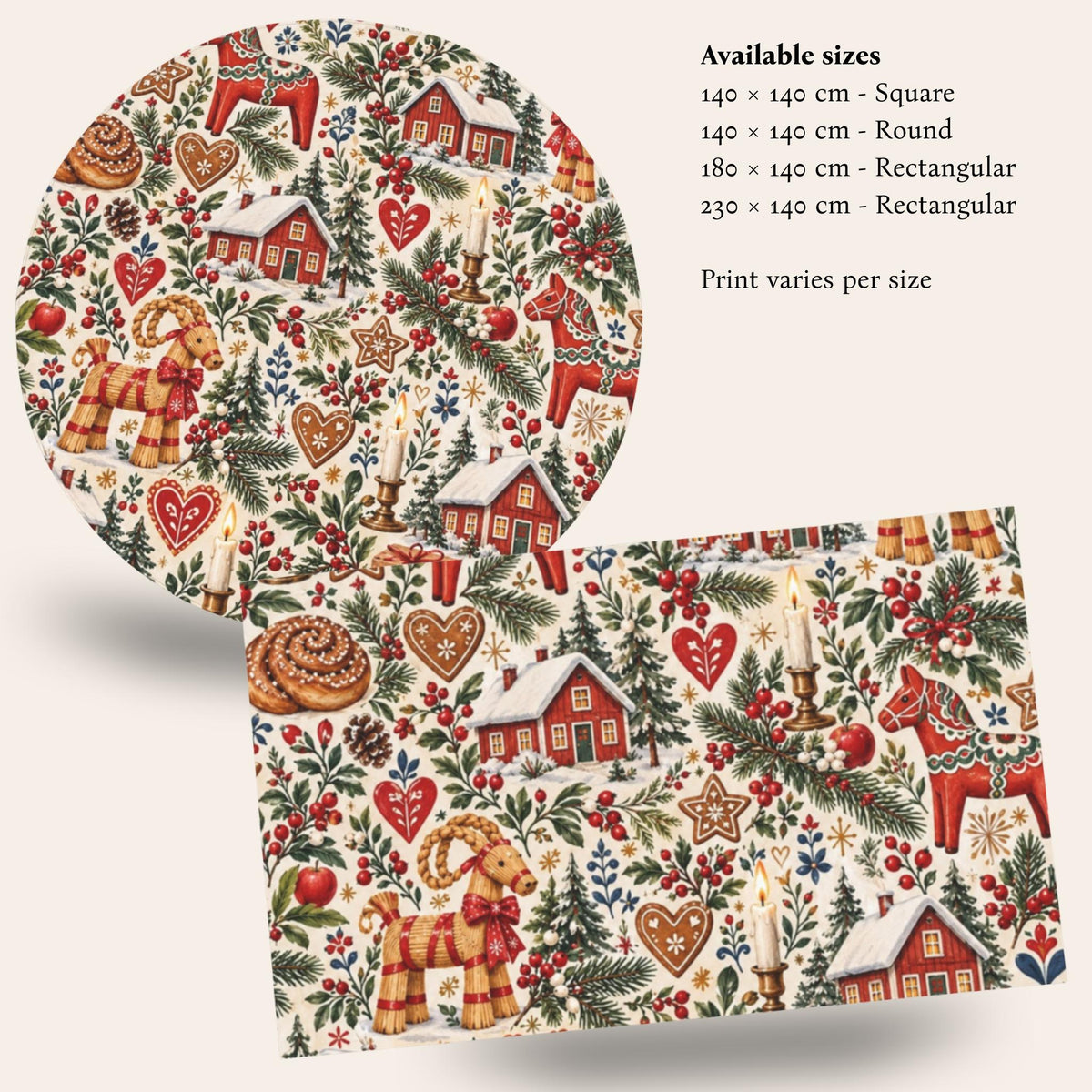 Hej Hemma Swedish Christmas Pattern Tablecloth with Dala horses, julbock, red cottages and Scandinavian Christmas illustrations