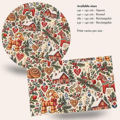 Hej Hemma Swedish Christmas Pattern Tablecloth with Dala horses, julbock, red cottages and Scandinavian Christmas illustrations
