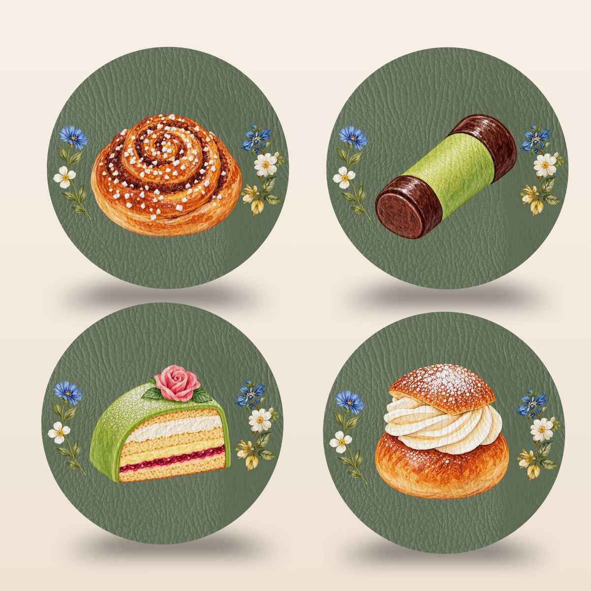 Set of four Sage Green Swedish fika coasters with kanelbulle, semla, prinsesstårta and dammsugare illustrations by Hej Hemma