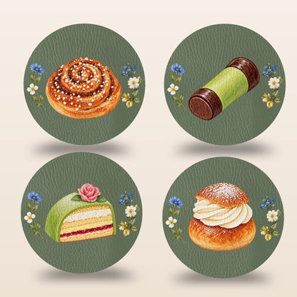 Set of four Sage Green Swedish fika coasters with kanelbulle, semla, prinsesstårta and dammsugare illustrations by Hej Hemma