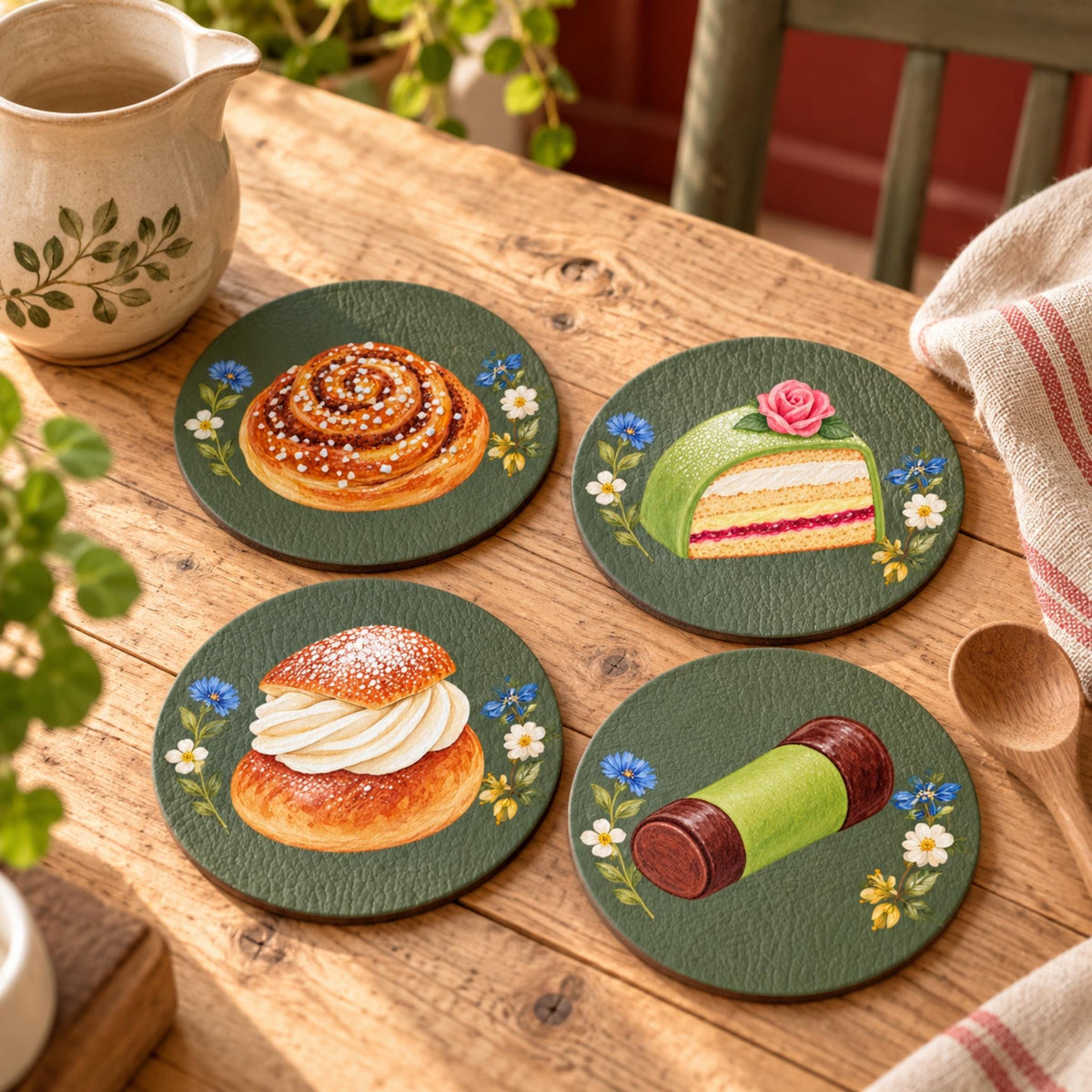 Set of four Sage Green Swedish fika coasters with kanelbulle, semla, prinsesstårta and dammsugare illustrations by Hej Hemma