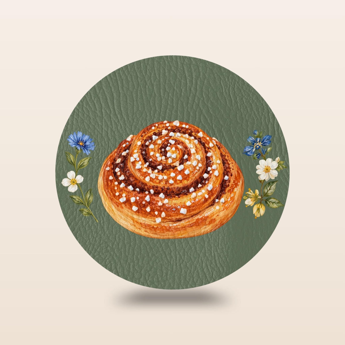 Set of four Sage Green Swedish fika coasters with kanelbulle, semla, prinsesstårta and dammsugare illustrations by Hej Hemma