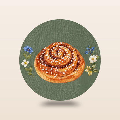 Set of four Sage Green Swedish fika coasters with kanelbulle, semla, prinsesstårta and dammsugare illustrations by Hej Hemma