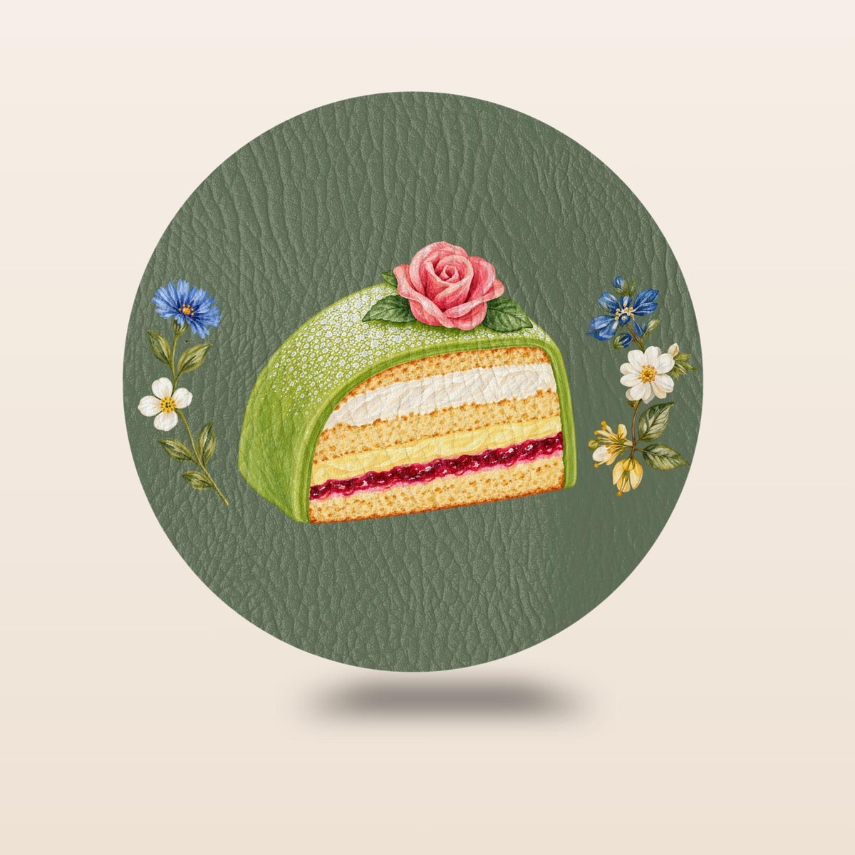Set of four Sage Green Swedish fika coasters with kanelbulle, semla, prinsesstårta and dammsugare illustrations by Hej Hemma