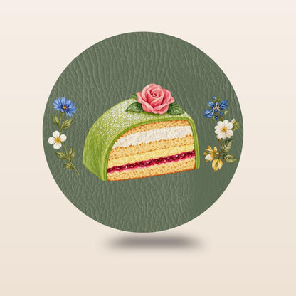 Set of four Sage Green Swedish fika coasters with kanelbulle, semla, prinsesstårta and dammsugare illustrations by Hej Hemma