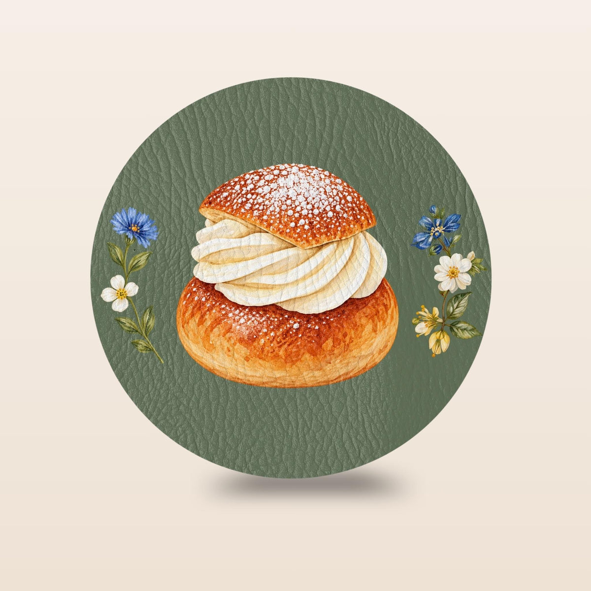 Set of four Sage Green Swedish fika coasters with kanelbulle, semla, prinsesstårta and dammsugare illustrations by Hej Hemma