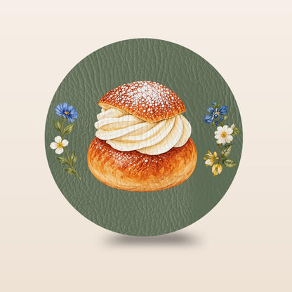 Set of four Sage Green Swedish fika coasters with kanelbulle, semla, prinsesstårta and dammsugare illustrations by Hej Hemma