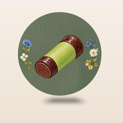 Set of four Sage Green Swedish fika coasters with kanelbulle, semla, prinsesstårta and dammsugare illustrations by Hej Hemma
