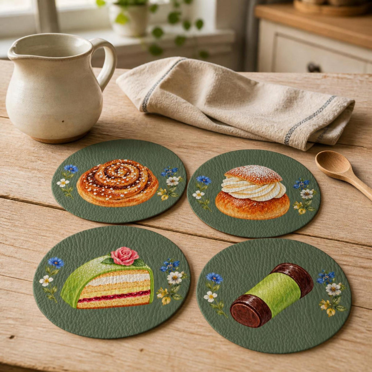 Set of four Sage Green Swedish fika coasters with kanelbulle, semla, prinsesstårta and dammsugare illustrations by Hej Hemma