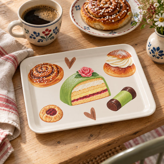 Swedish Fika serving tray with hand-painted kanelbulle, semla, prinsesstårta, hallongrotta and dammsugare illustrations by Hej Hemma