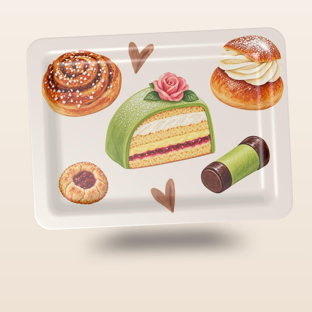 Swedish Fika serving tray with hand-painted kanelbulle, semla, prinsesstårta, hallongrotta and dammsugare illustrations by Hej Hemma