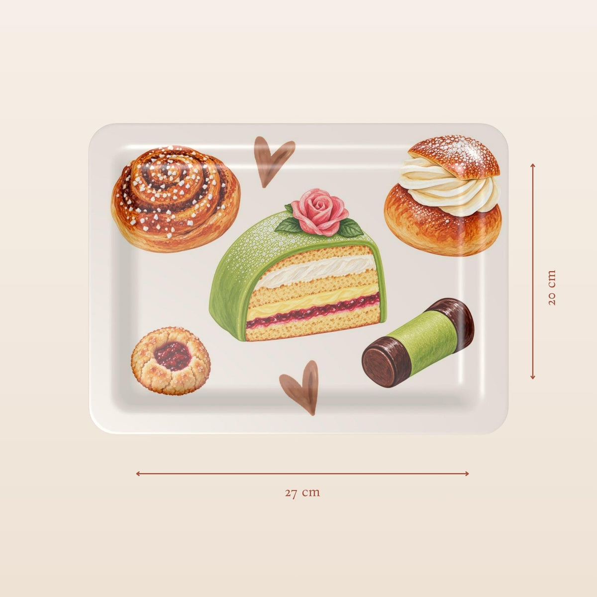 Swedish Fika serving tray with hand-painted kanelbulle, semla, prinsesstårta, hallongrotta and dammsugare illustrations by Hej Hemma