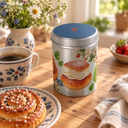 Swedish Fika storage tin with Swedish Blue lid and hand-painted fika illustrations by Hej Hemma