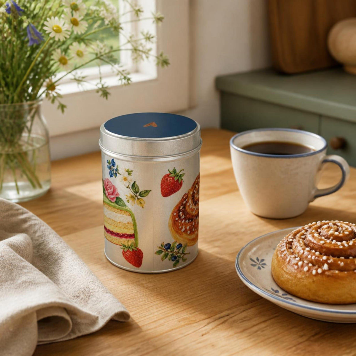 Swedish Fika storage tin with Swedish Blue lid and hand-painted fika illustrations by Hej Hemma