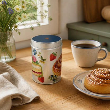 Swedish Fika storage tin with Swedish Blue lid and hand-painted fika illustrations by Hej Hemma
