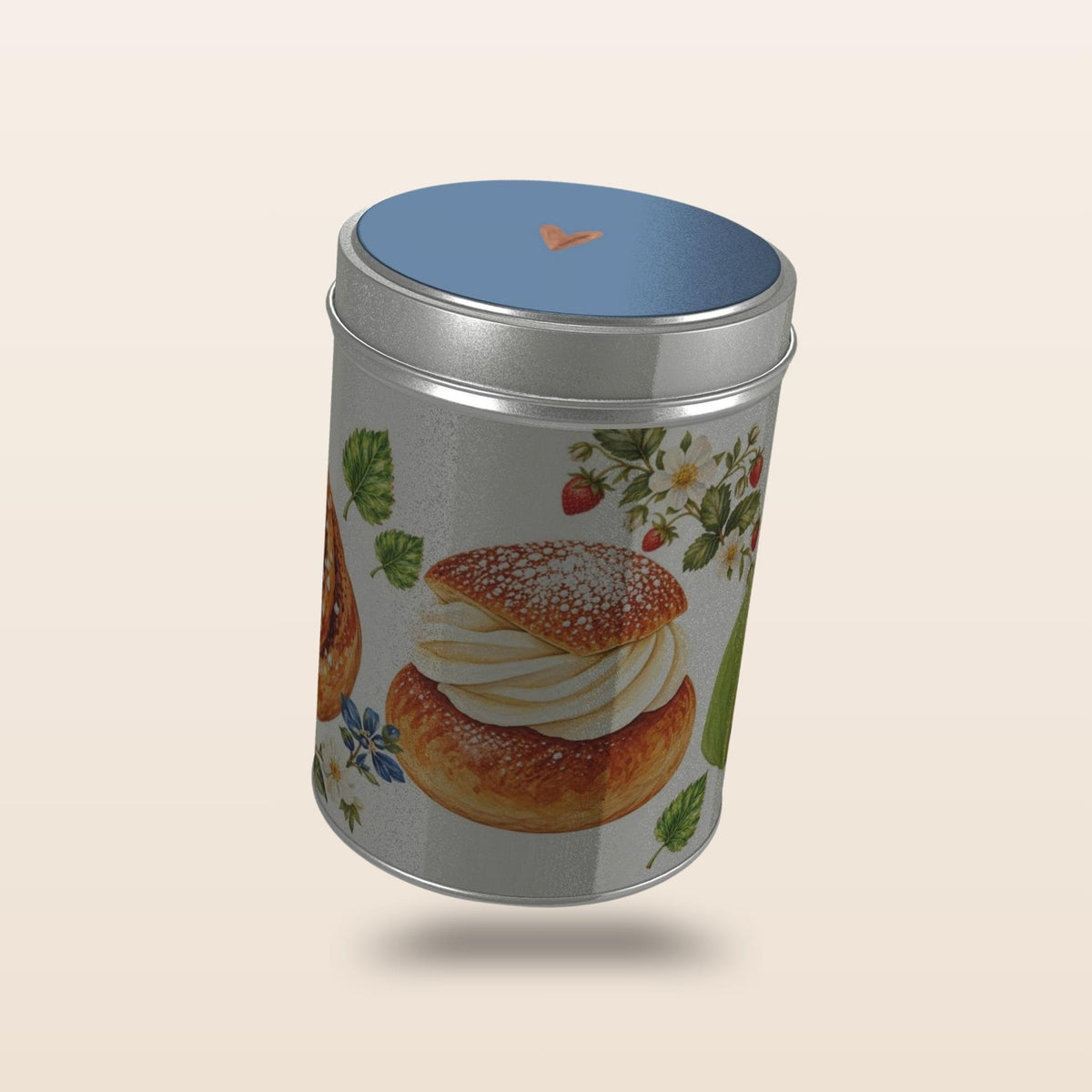 Swedish Fika storage tin with Swedish Blue lid and hand-painted fika illustrations by Hej Hemma