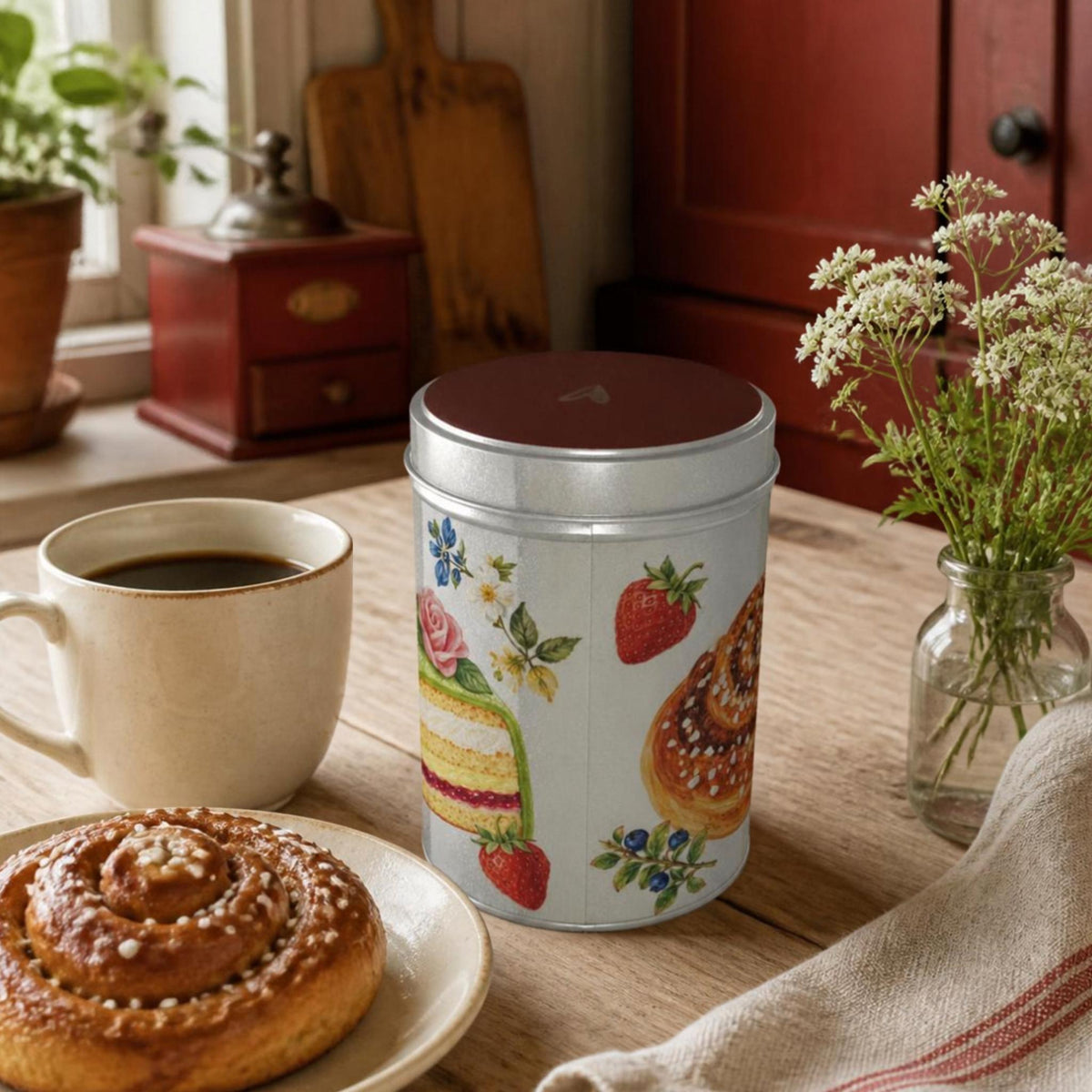 Swedish Fika storage tin with Falun Red lid and hand-painted fika illustrations by Hej Hemma