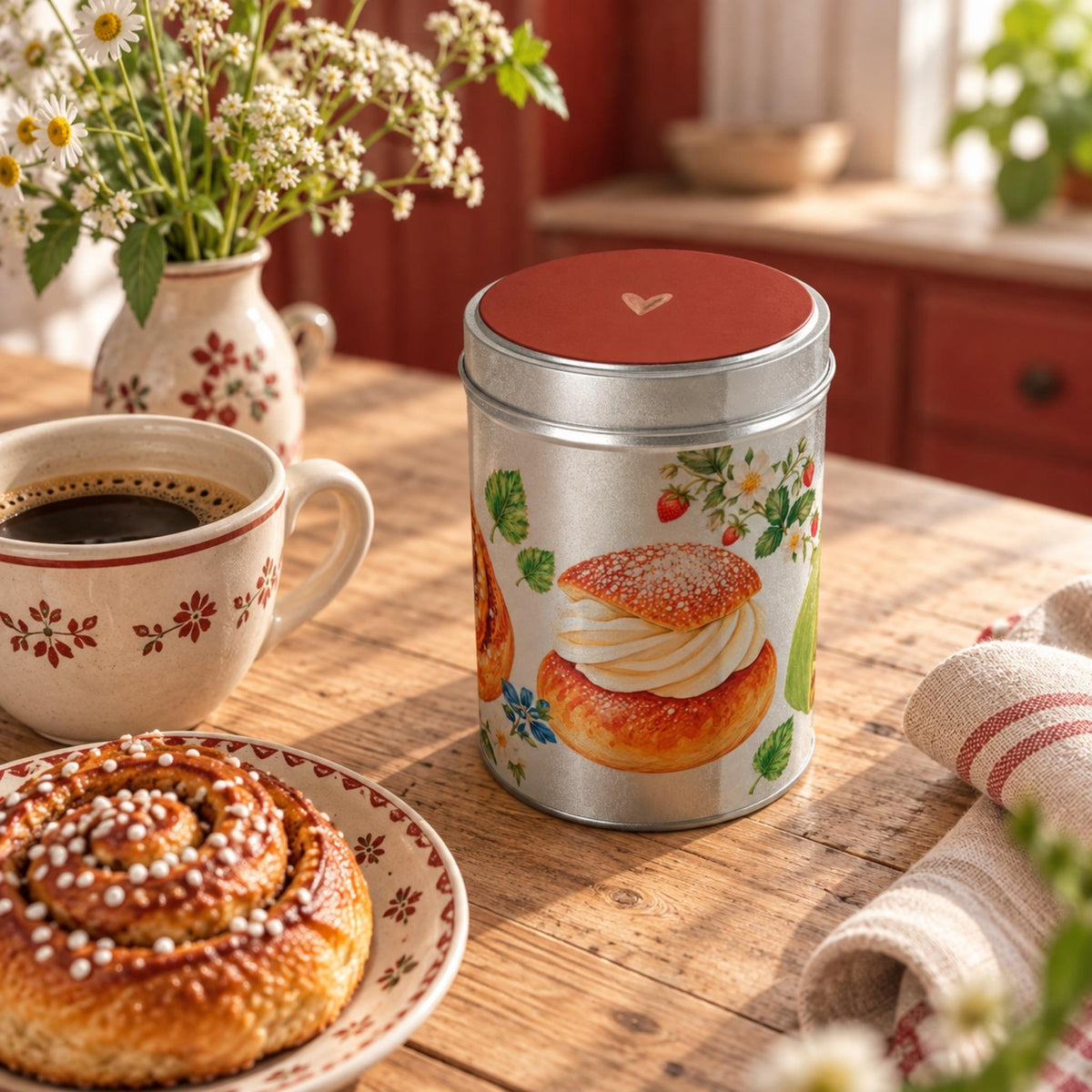 Swedish Fika storage tin with Falun Red lid and hand-painted fika illustrations by Hej Hemma