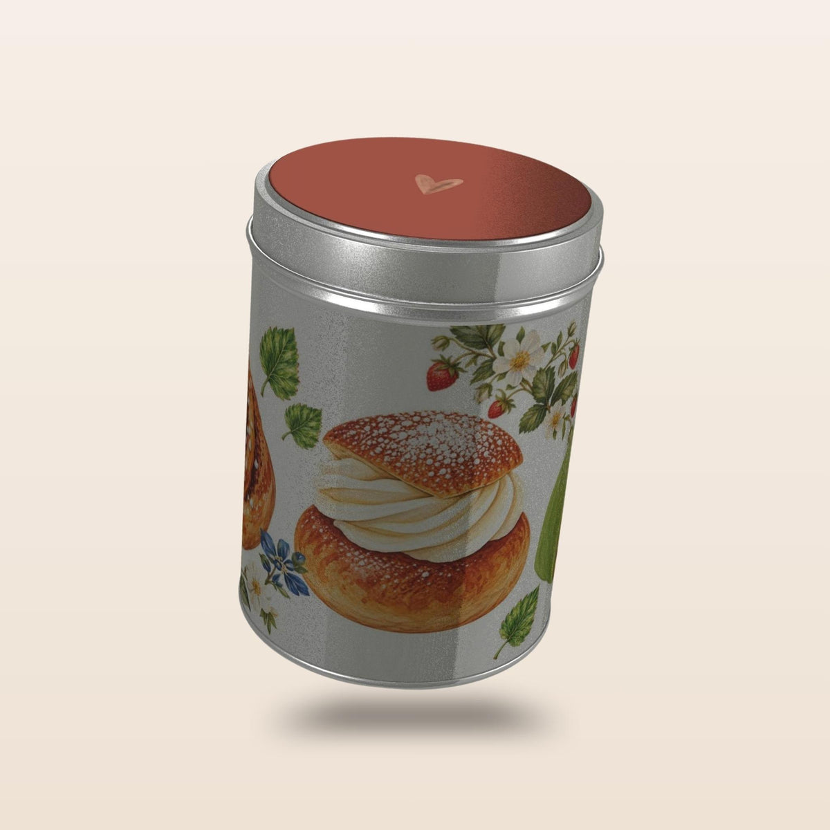 Swedish Fika storage tin with Falun Red lid and hand-painted fika illustrations by Hej Hemma