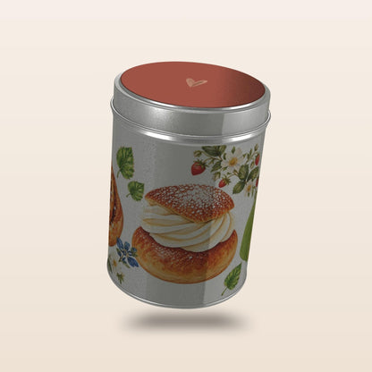 Swedish Fika storage tin with Falun Red lid and hand-painted fika illustrations by Hej Hemma