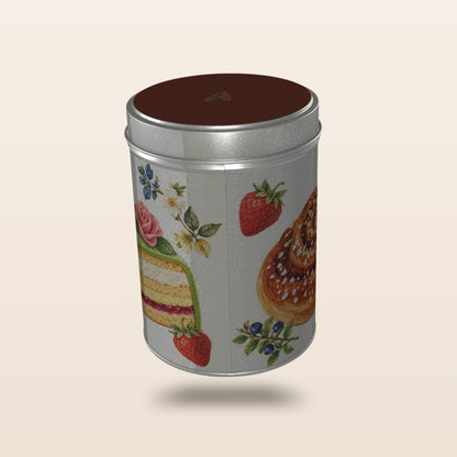 Swedish Fika storage tin with Falun Red lid and hand-painted fika illustrations by Hej Hemma