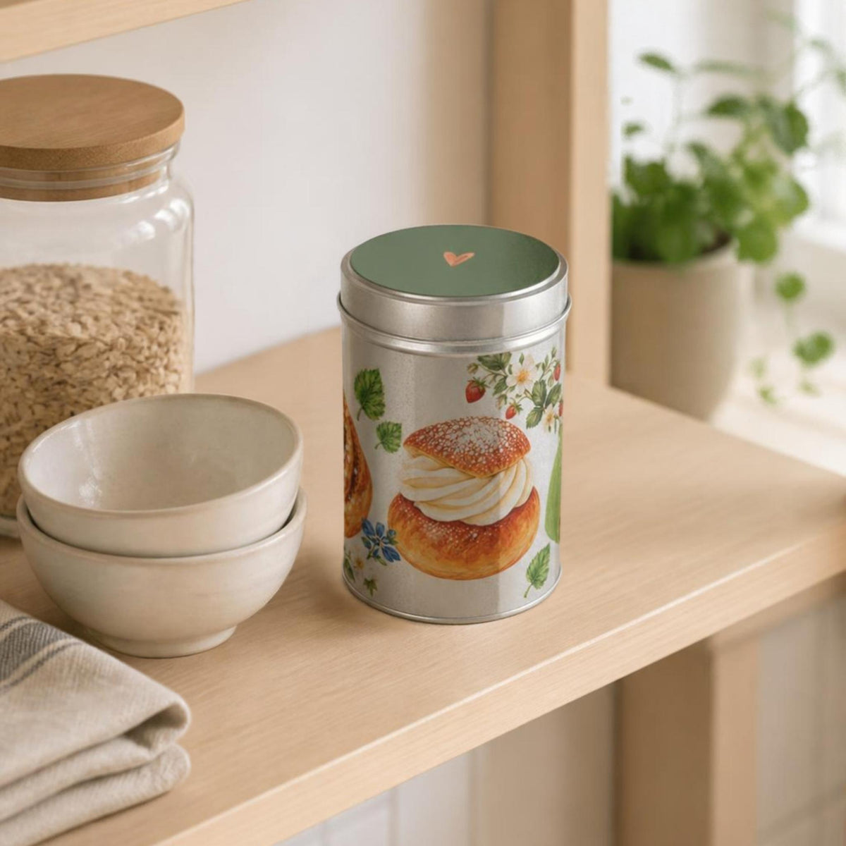 Swedish Fika storage tin with Sage Green lid and hand-painted fika illustrations by Hej Hemma