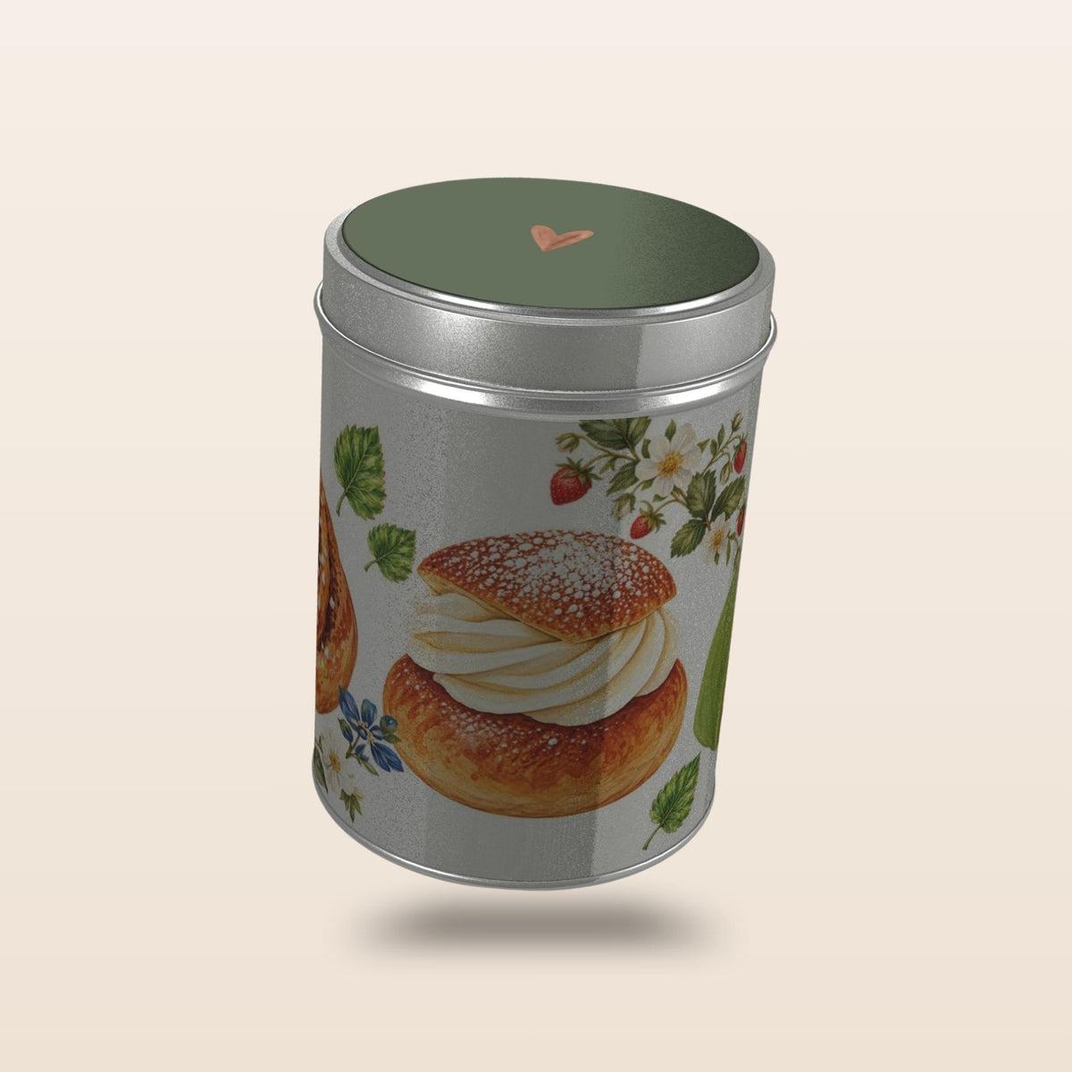 Swedish Fika storage tin with Sage Green lid and hand-painted fika illustrations by Hej Hemma