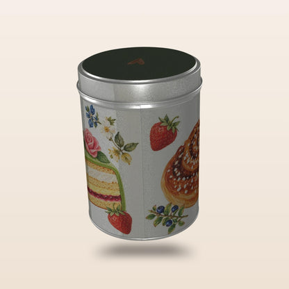 Swedish Fika storage tin with Sage Green lid and hand-painted fika illustrations by Hej Hemma