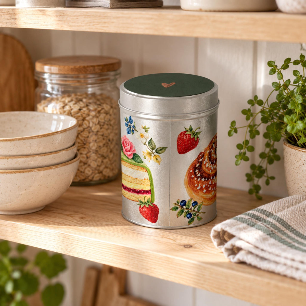 Swedish Fika storage tin with Sage Green lid and hand-painted fika illustrations by Hej Hemma